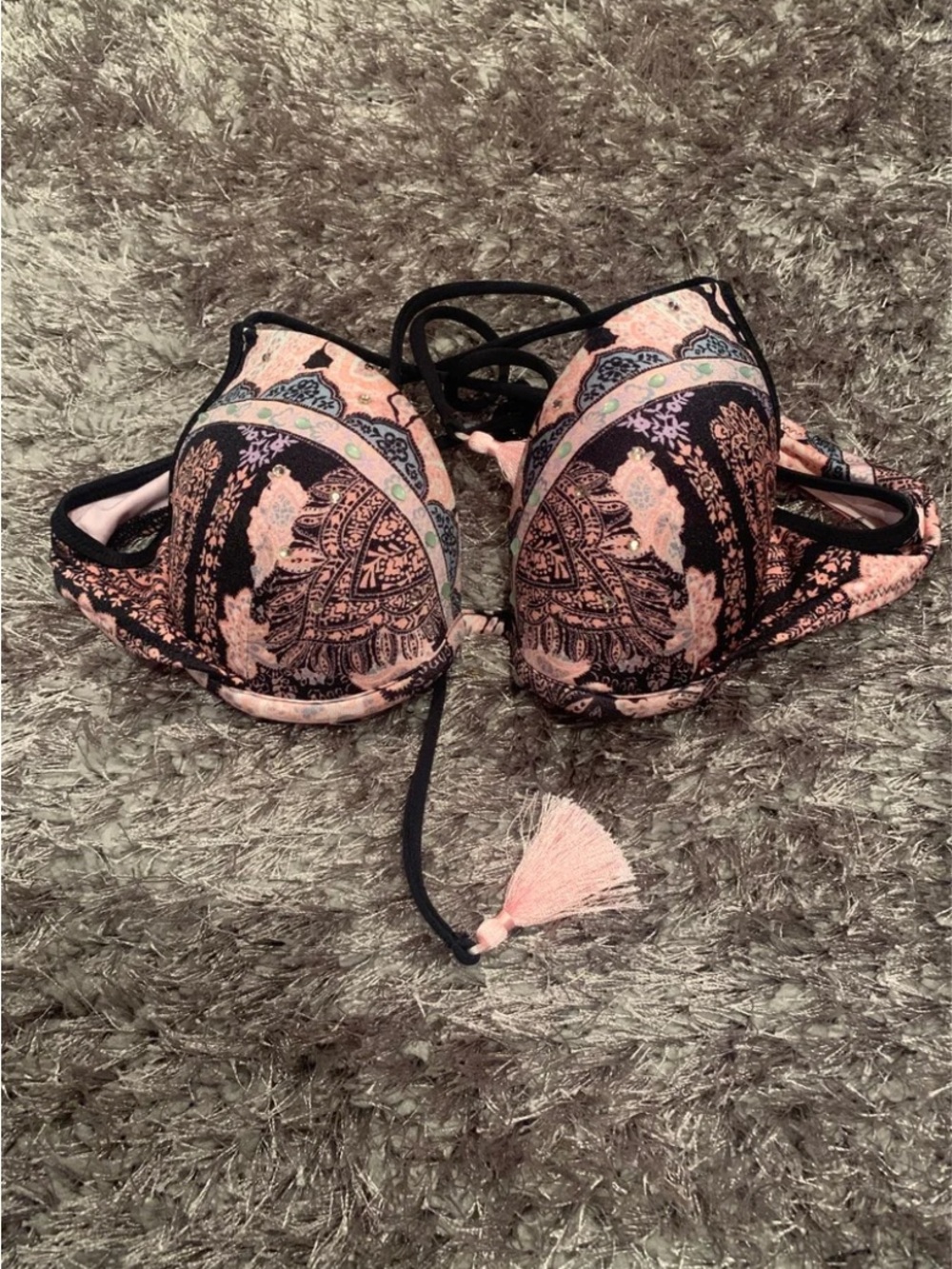 Victoria's Secret Black and Pink Paisley Push-Up Bikini Top
